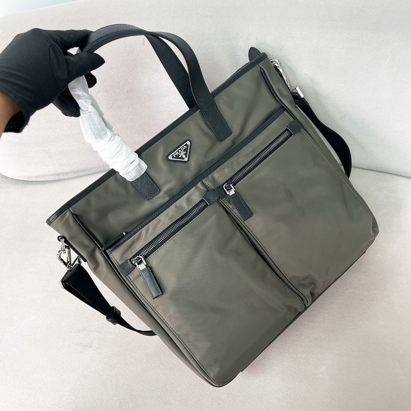 Re-nylon And Saffiano Leather Tote Bag 34x34.5cmX7cm